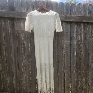 Boho Cottagecore J.O.A. Crotchet Fringe Hem Knit Dress